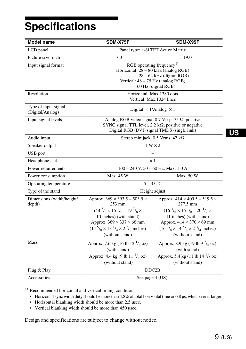 Specifications | Sony SDM-X95KB User Manual | Page 9 / 44