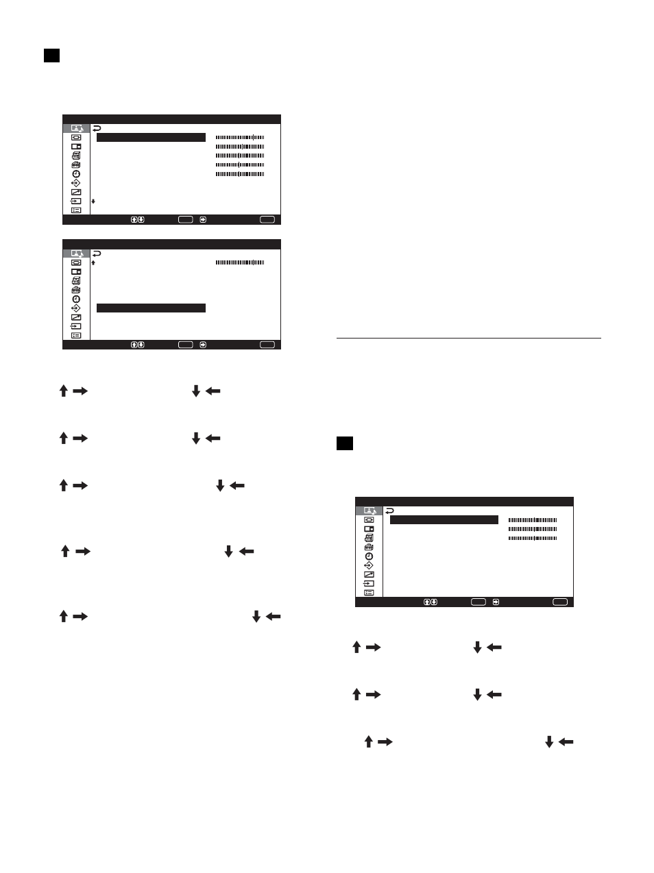 Adjust sound(调整声音)菜单, Dynamic picture(动态图像) 增强对比度,使白色更亮,黑色更暗, Color temp.(色温) 改变色温 | Reset(复位) 将出厂设定恢复至 adjust picture(调整图像)菜 单项目, 可对音质进行微调。 首先将 picture mode(图像模式)设定为 user 1 或 3, 有关详细说明,请参见第 31 页(cs)上的“noise reduct, 有关详细说明,请参见第 31 页(cs)上的“dynamic picture, 有关详细说明,请参见第 31 页(cs)上的“color temp, 有关详细说明,请参见第 33 页(cs)上的“gamma correct | Sony PFM-42V1S User Manual | Page 341 / 376