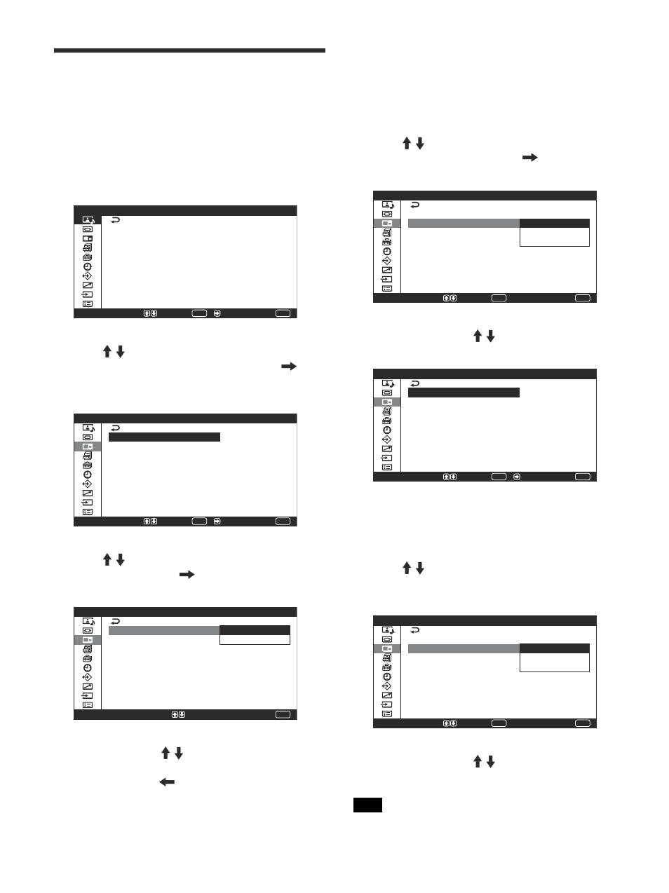 Viewing two pictures at the same time, Activating a picture, Switching the position of the two pictures | Press menu. the main manu appears on the screen, Select “on” with m/m, Press enter or < to return to the previous screen | Sony PFM-42V1S User Manual | Page 94 / 376
