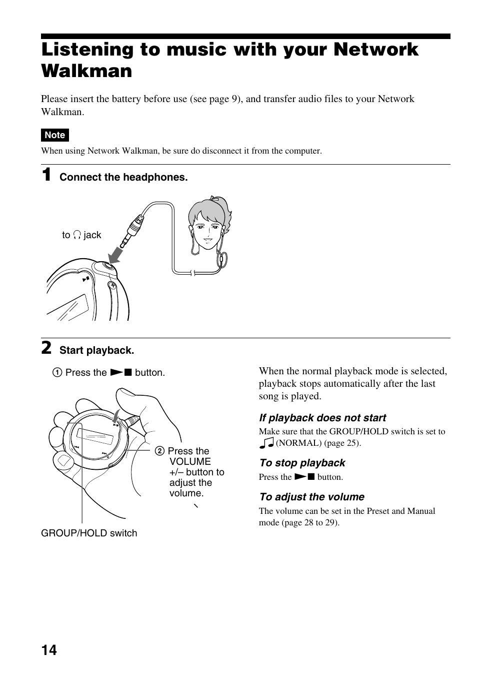 Listening to music with your network walkman, Listening to music with your network, Walkman | Sony NW-E103PS User Manual | Page 14 / 46