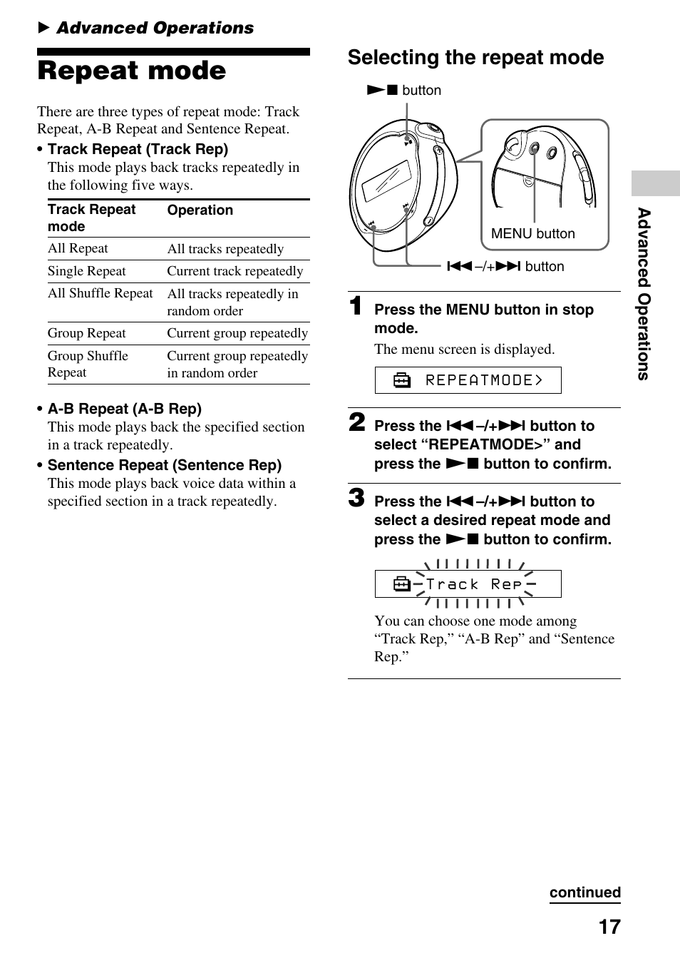 Advanced operations, Repeat mode, Selecting the repeat mode | Sony NW-E103PS User Manual | Page 17 / 46