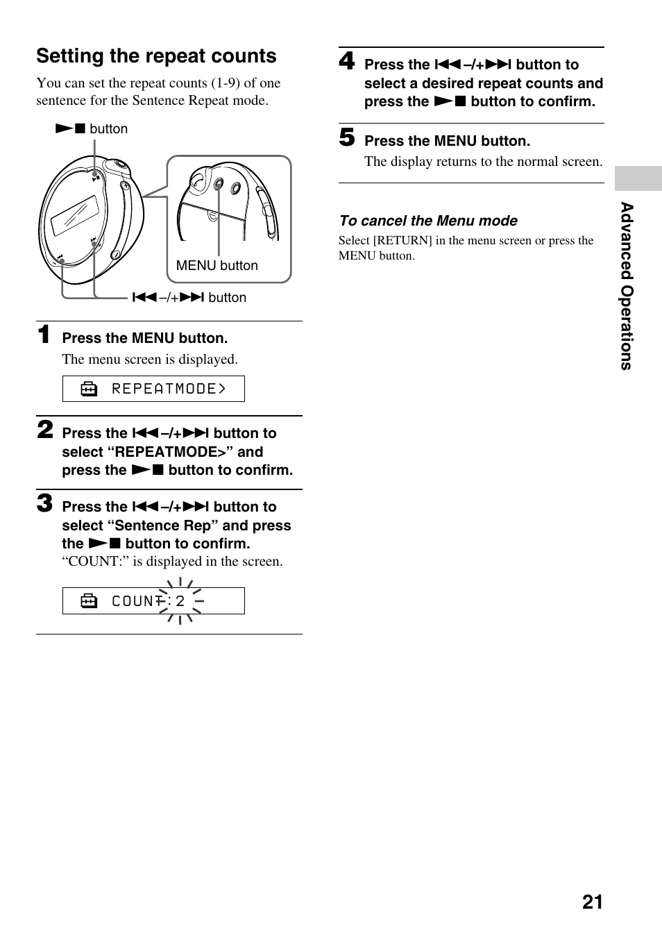 Setting the repeat counts, 21 setting the repeat counts | Sony NW-E103PS User Manual | Page 21 / 46