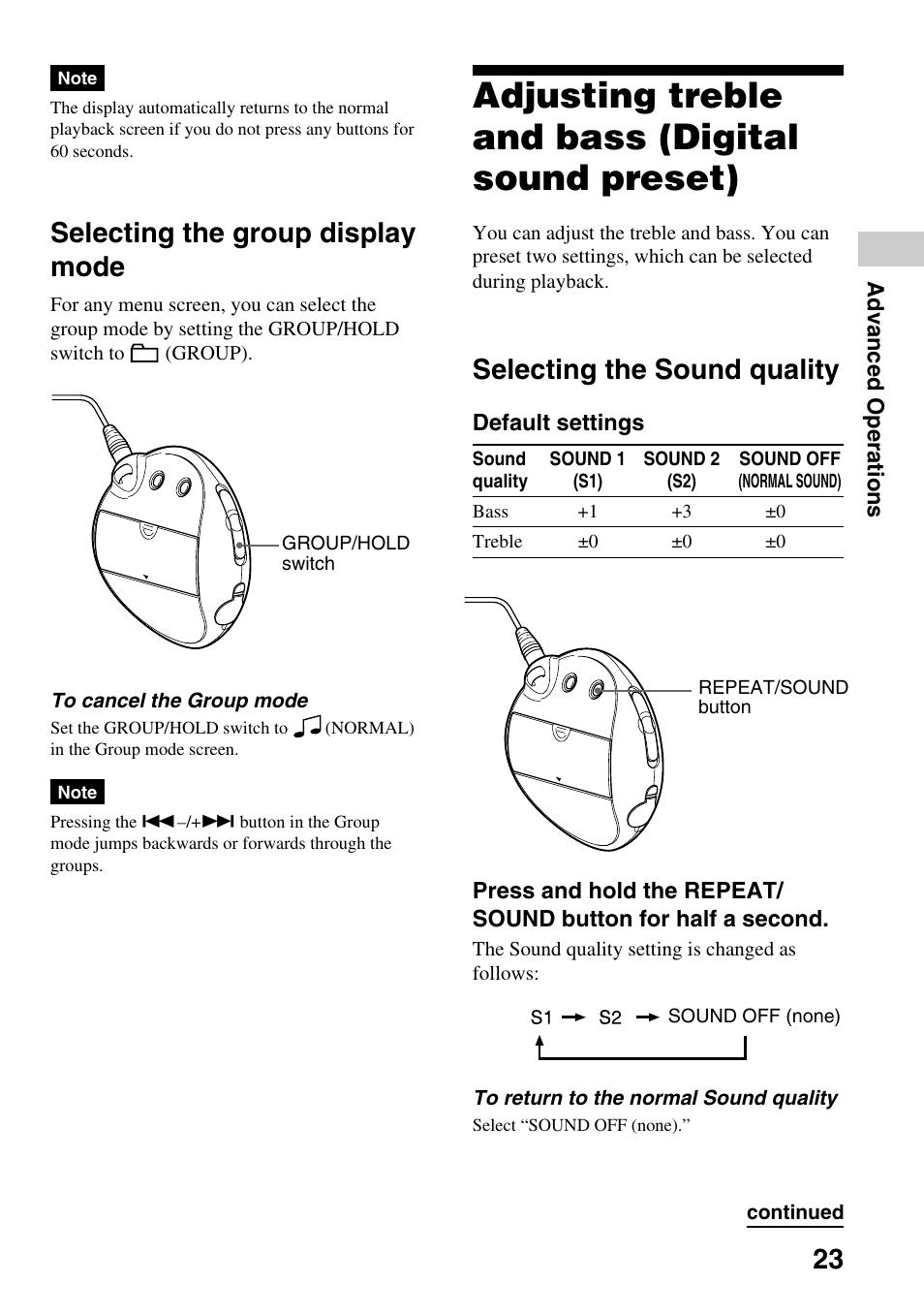Selecting the group display mode, Adjusting treble and bass (digital sound preset), Selecting the sound quality | Adjusting treble and bass, Digital sound preset) | Sony NW-E103PS User Manual | Page 23 / 46