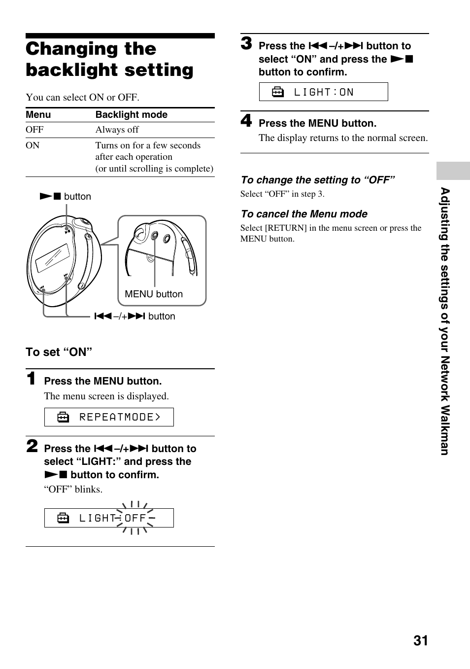 Changing the backlight setting | Sony NW-E103PS User Manual | Page 31 / 46