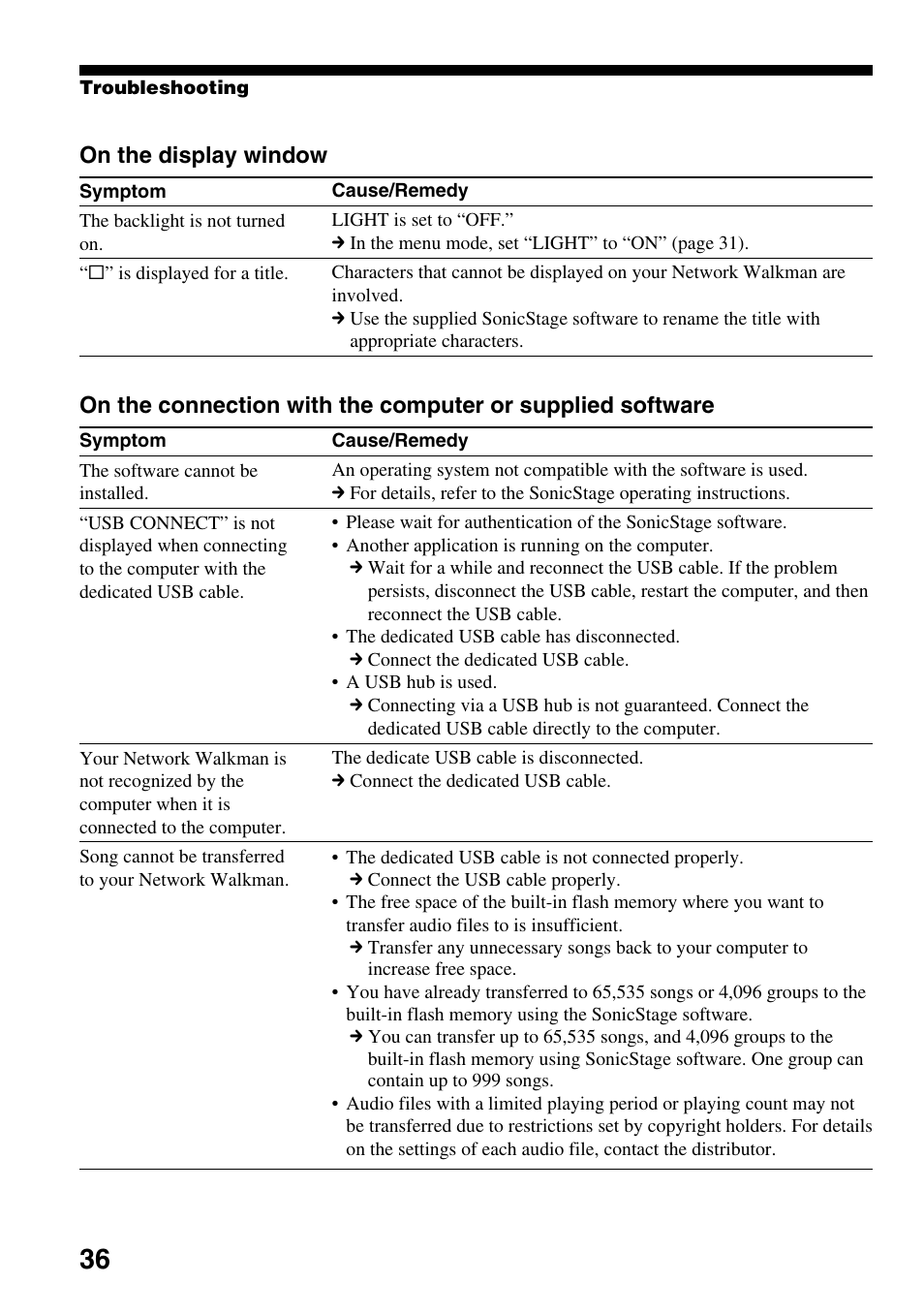 On the display window | Sony NW-E103PS User Manual | Page 36 / 46