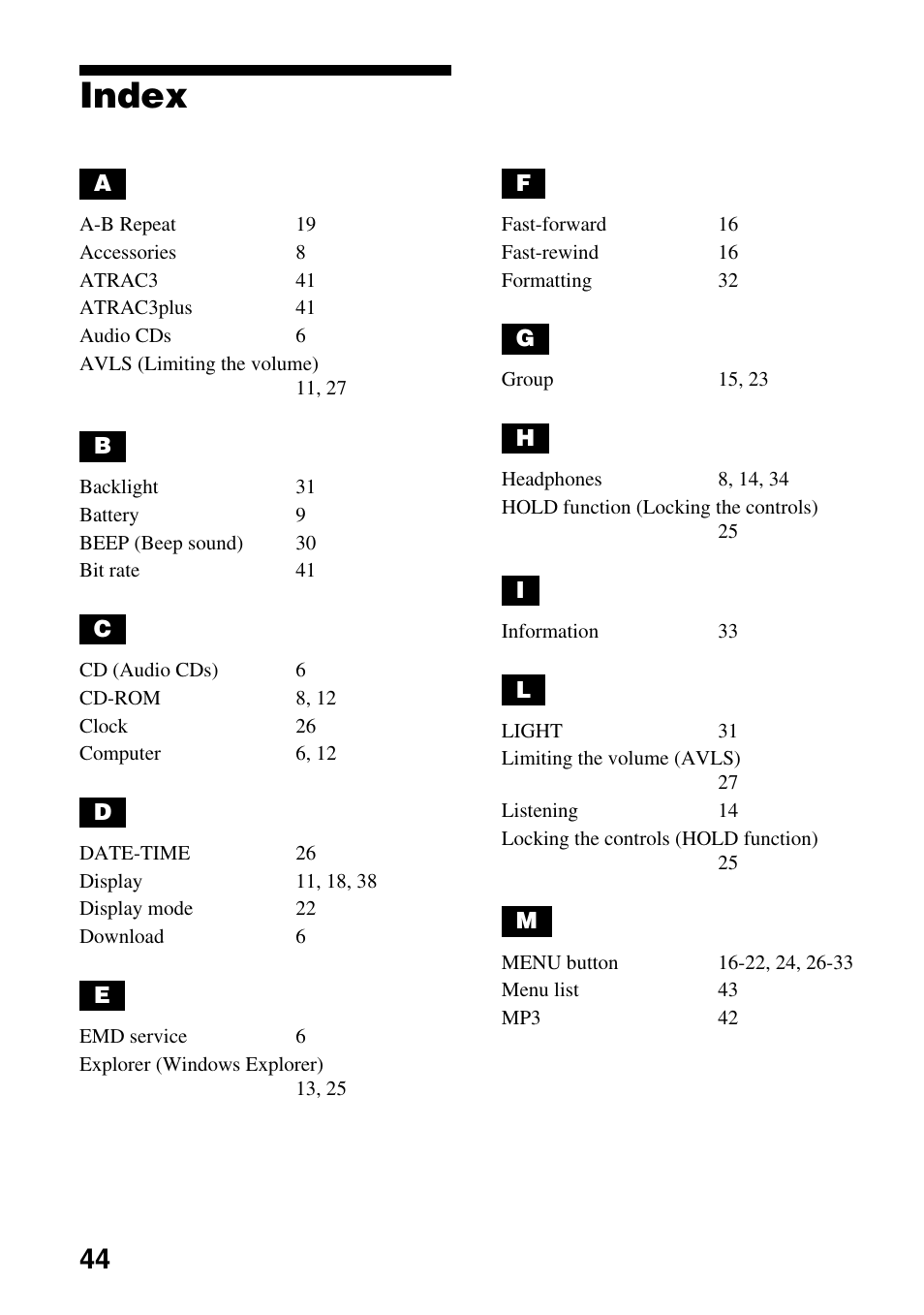 Index | Sony NW-E103PS User Manual | Page 44 / 46