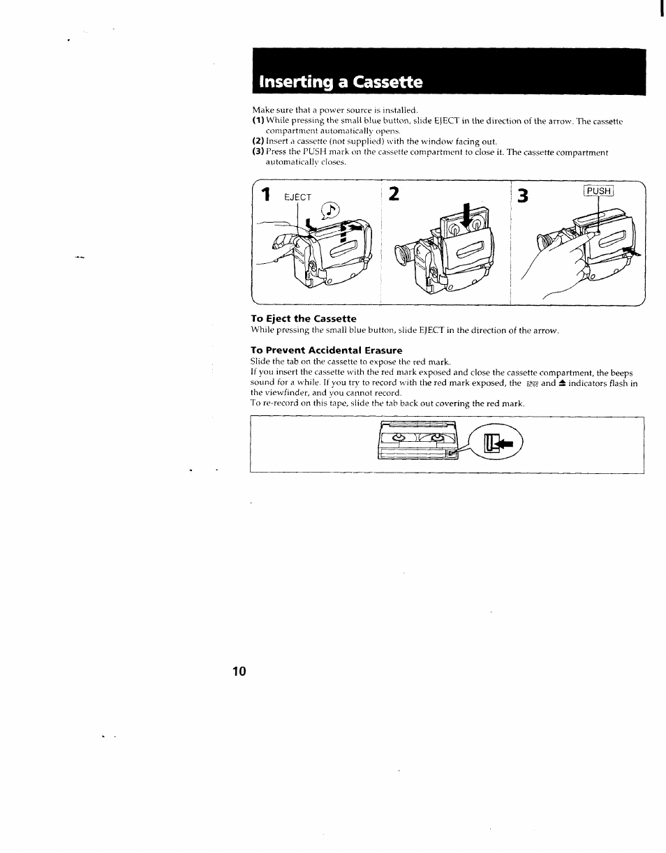 Inserting a cassette, To eject the cassette, To prevent accidental erasure | Sony CCD-TR714 User Manual | Page 10 / 56