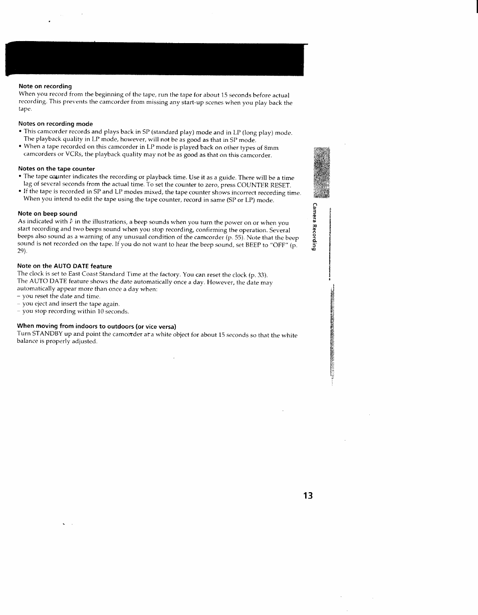 Note on recording, Notes on recording mode, Notes on the tape counter | Note on beep sound, Note on the auto date feature | Sony CCD-TR714 User Manual | Page 13 / 56