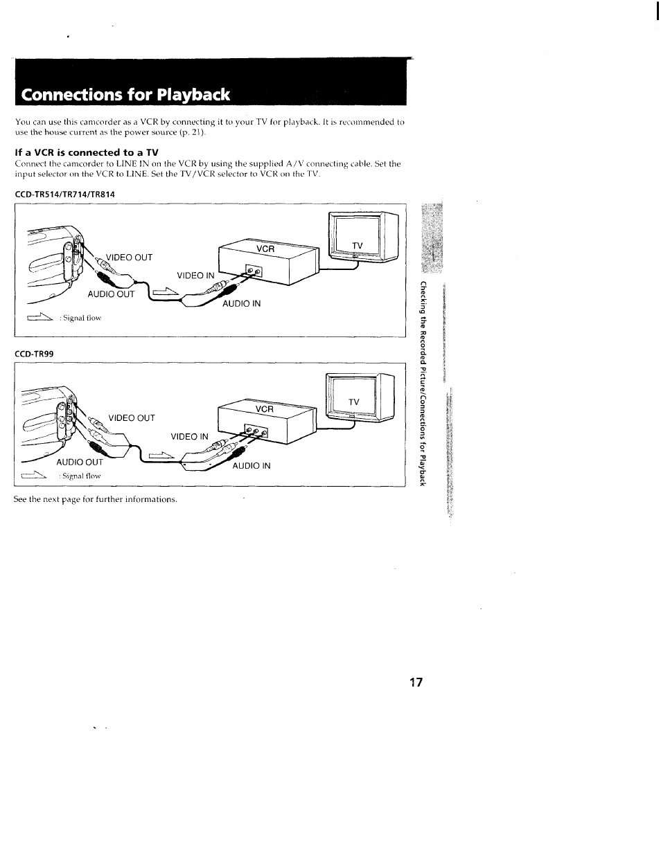 Connections for playback, If a vcr is connected to a tv, Ccd-tr514/tr714/tr814 | Ccd-tr99 | Sony CCD-TR714 User Manual | Page 17 / 56