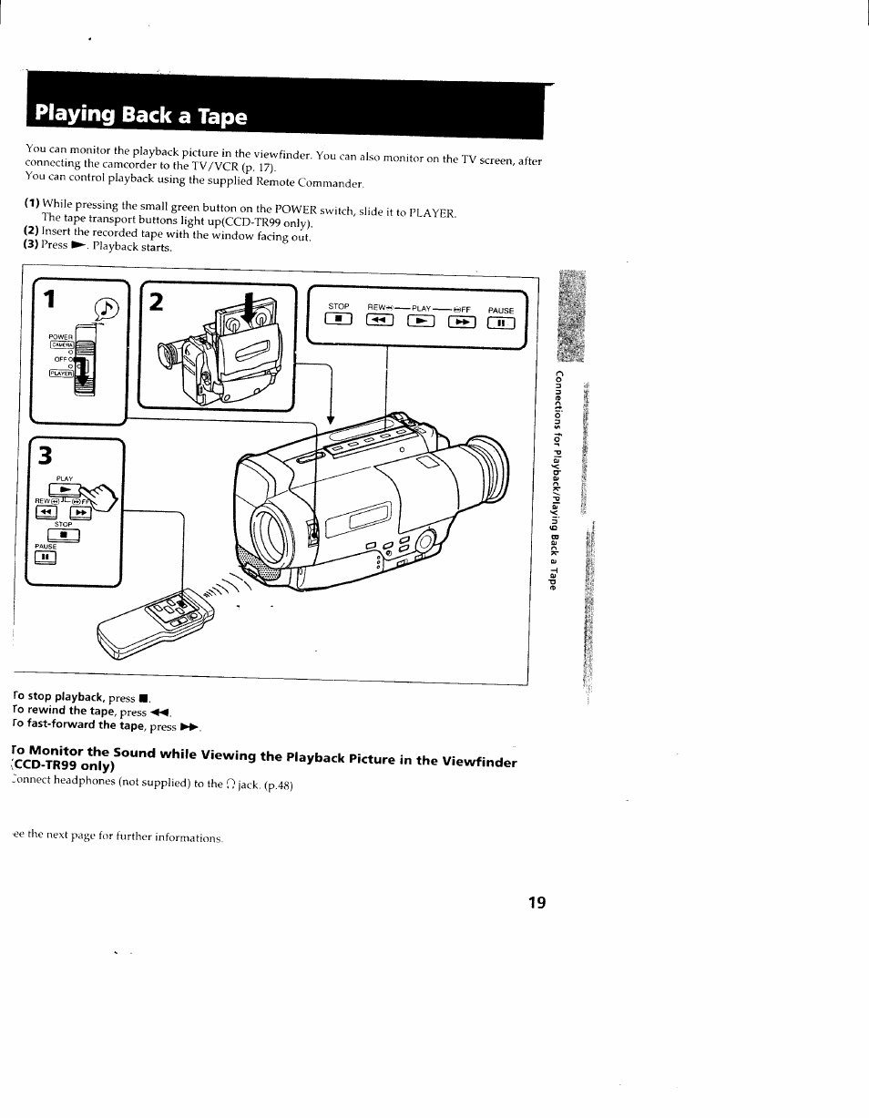 Playing back a tape, To stop playback, press | Sony CCD-TR714 User Manual | Page 19 / 56