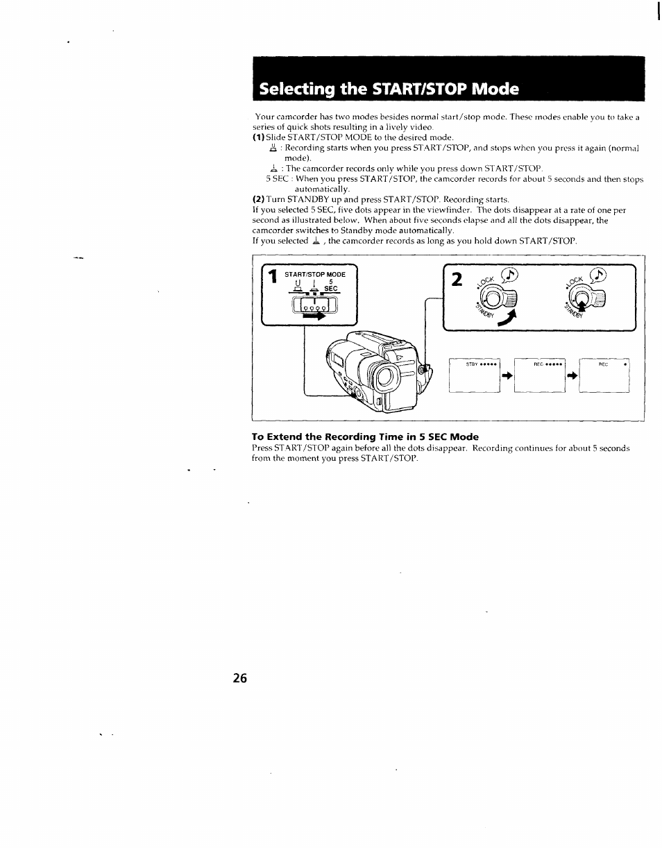 Selecting the start/stop mode, To extend the recording time in 5 sec mode | Sony CCD-TR714 User Manual | Page 26 / 56