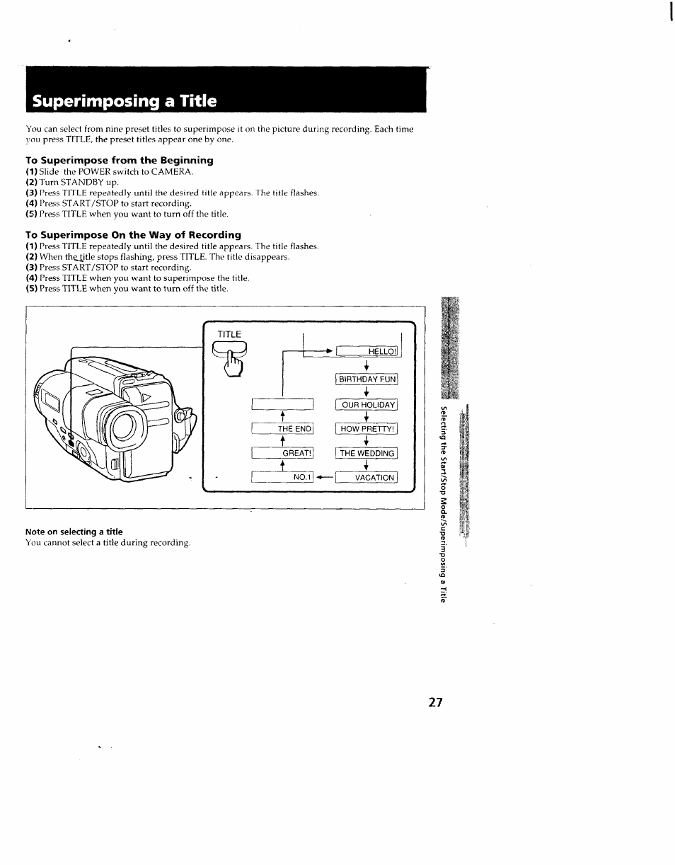 To superimpose from the beginning, To superimpose on the way of recording, Note on selecting a title | Superimposing a title | Sony CCD-TR714 User Manual | Page 27 / 56