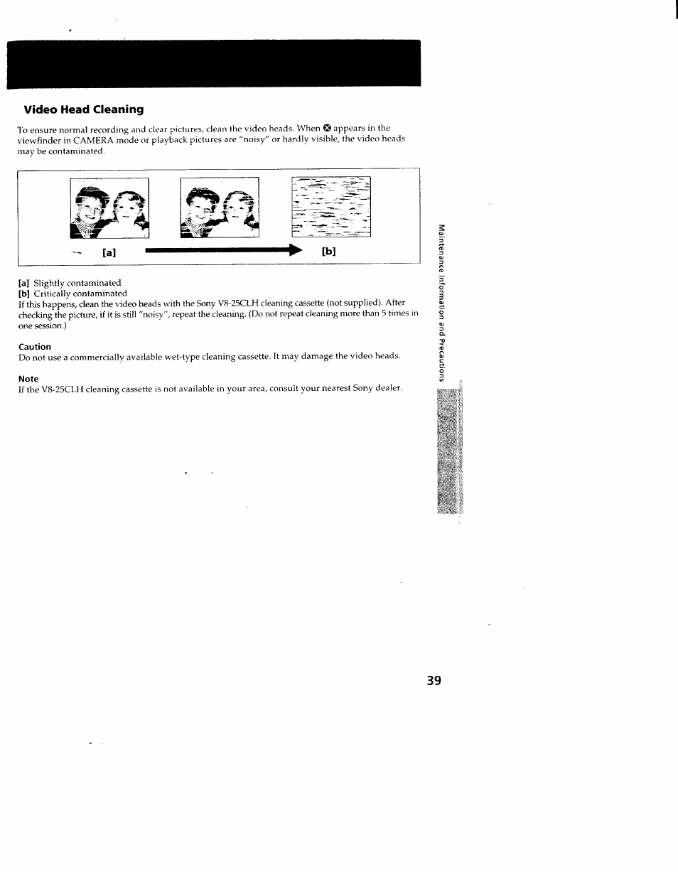 Video head cleaning, Caution, Note | Sony CCD-TR714 User Manual | Page 39 / 56