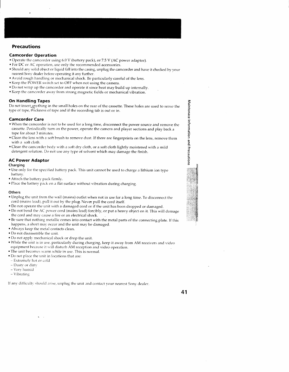 Precautions, Camcorder operation, On handling tapes | Camcorder care, Ac power adaptor, Charging, Others | Sony CCD-TR714 User Manual | Page 41 / 56