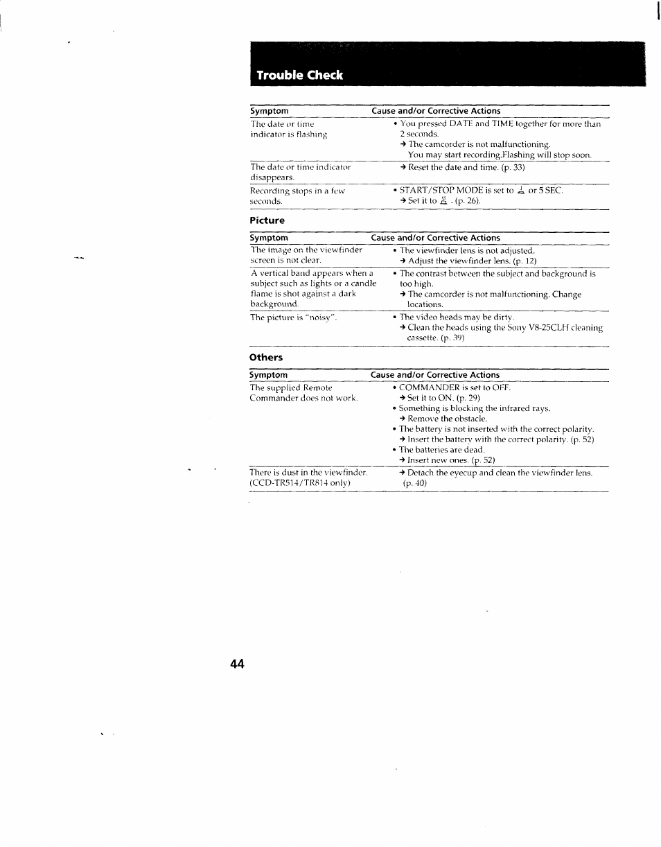Trouble check | Sony CCD-TR714 User Manual | Page 44 / 56