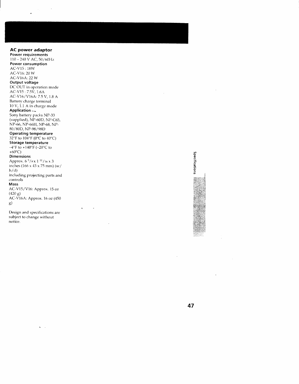 Ac power adaptor, Power requirements, Dimensions | Mass | Sony CCD-TR714 User Manual | Page 47 / 56