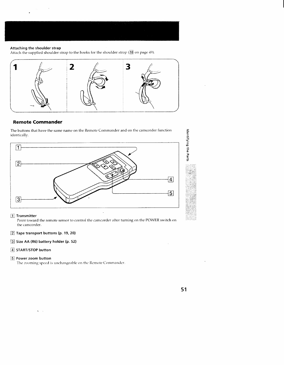 Attaching the shoulder strap, Remote commander, 2] tape transport buttons (p. 19, 20) | 5] power zoom button | Sony CCD-TR714 User Manual | Page 51 / 56