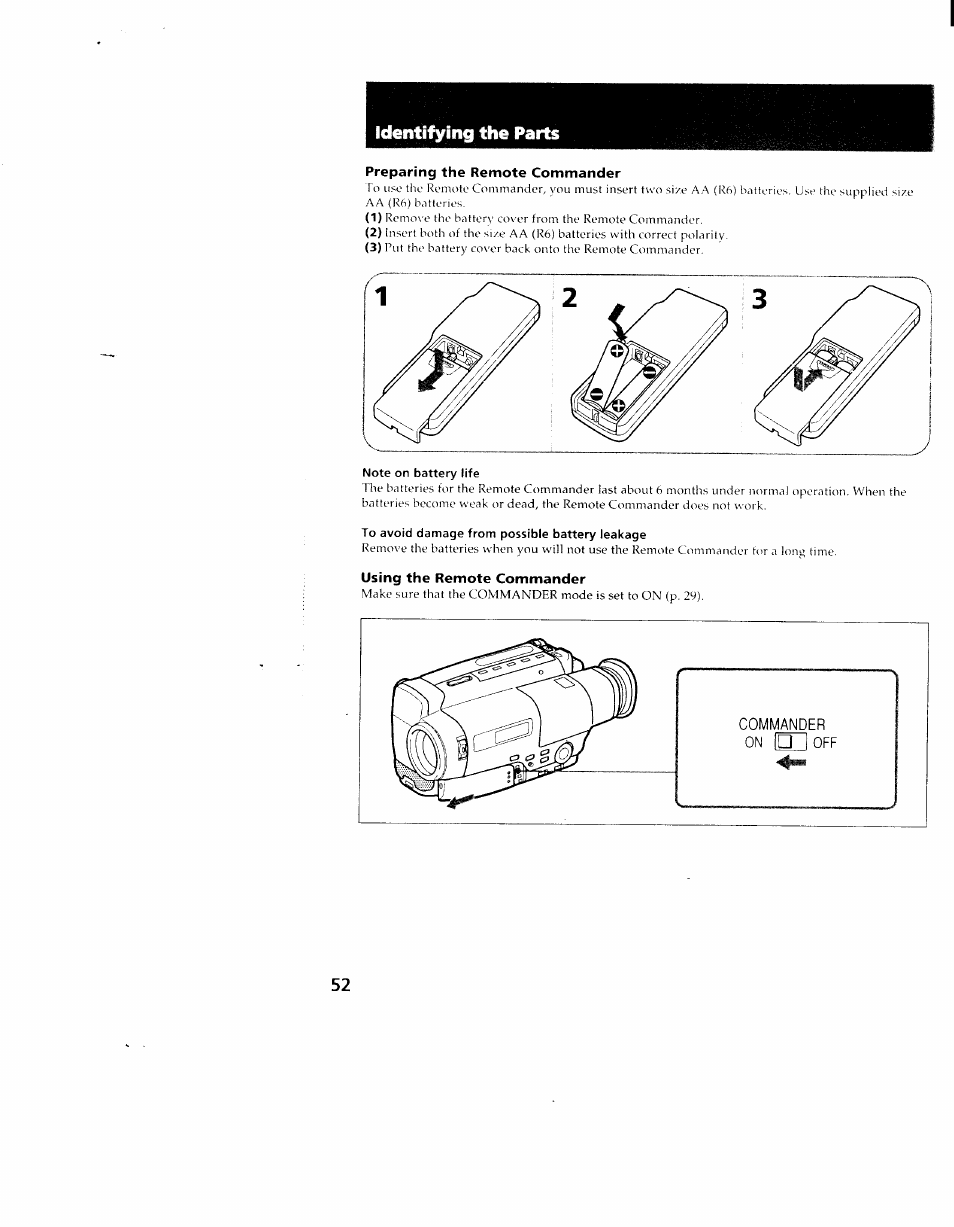 Preparing the remote commander, Note on battery life, To avoid damage from possible battery leakage | Using the remote commander, Identiifying the parts | Sony CCD-TR714 User Manual | Page 52 / 56