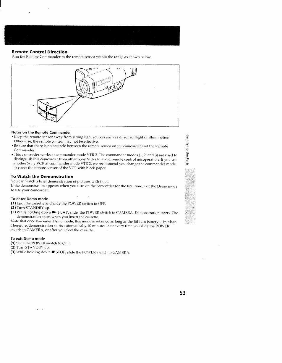 Remote control direction, Notes on the remote commander, To watch the demonstration | To enter demo mode, To exit demo mode | Sony CCD-TR714 User Manual | Page 53 / 56