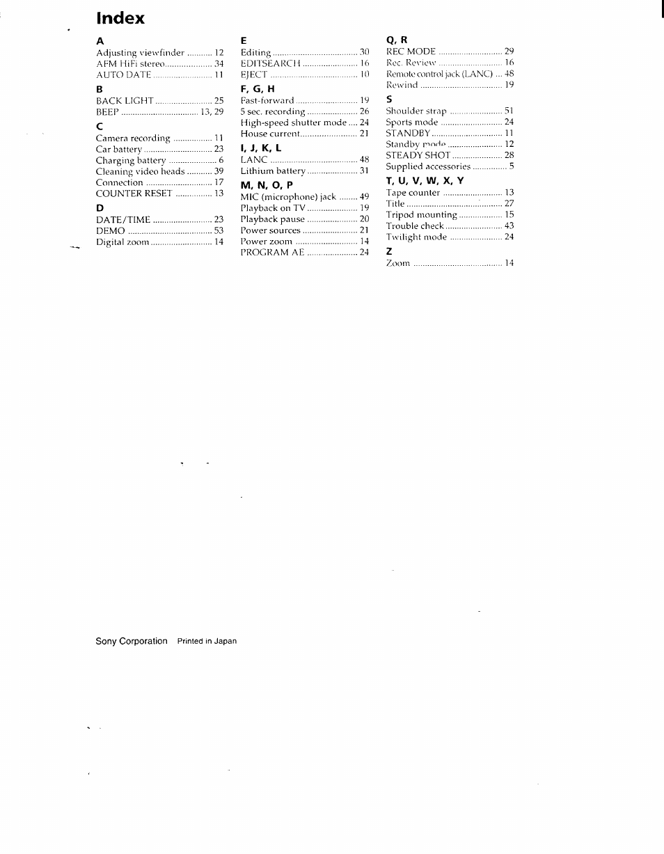 Index, Sony corporation | Sony CCD-TR714 User Manual | Page 56 / 56