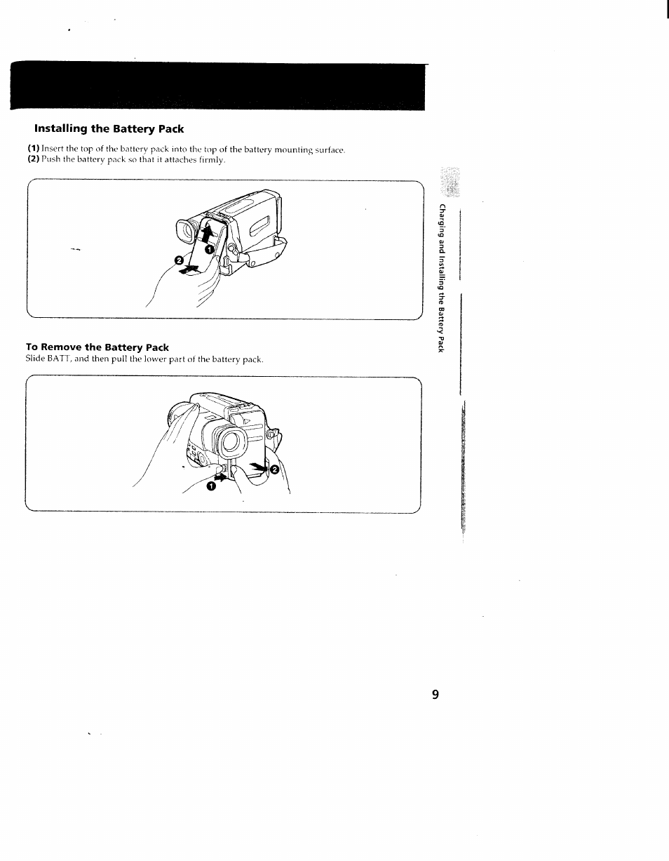 Installing the battery pack, To remove the battery pack | Sony CCD-TR714 User Manual | Page 9 / 56