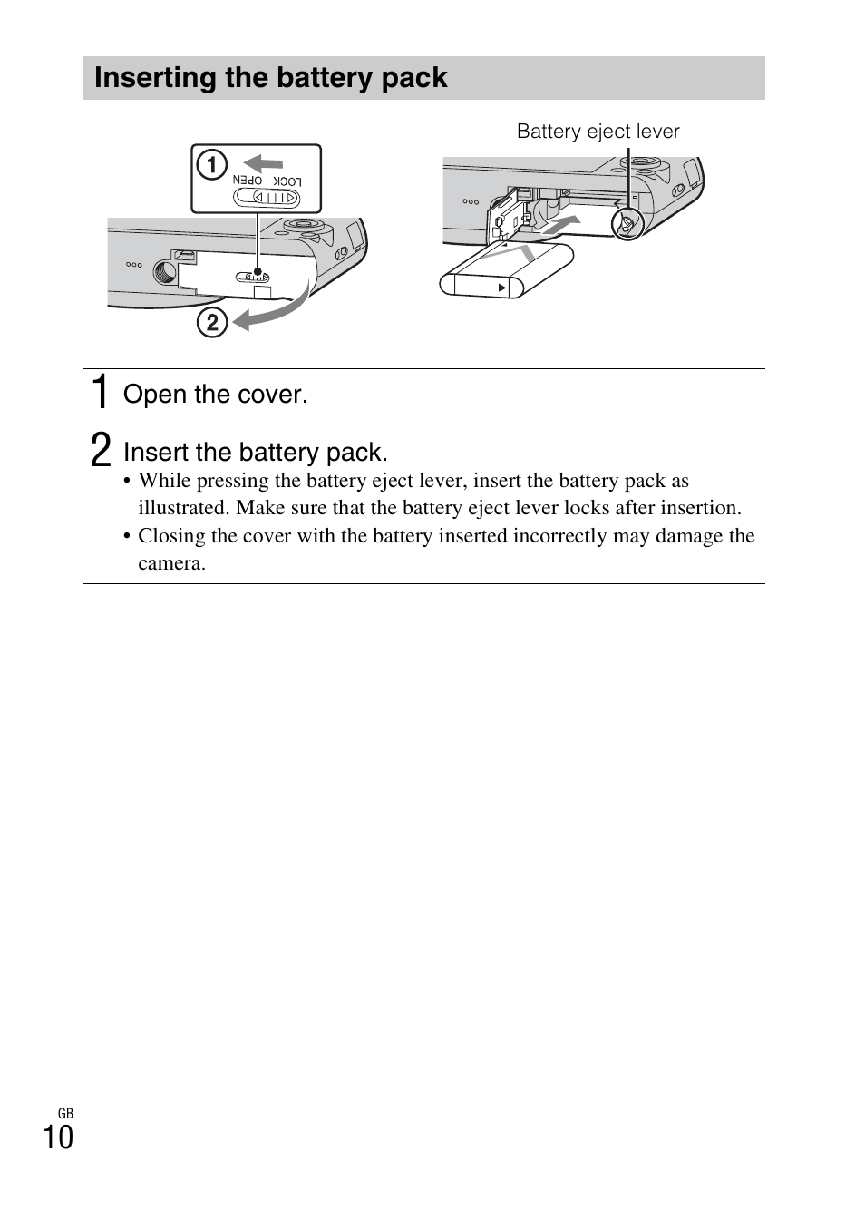 Inserting the battery pack | Sony DSC-WX300 User Manual | Page 10 / 68