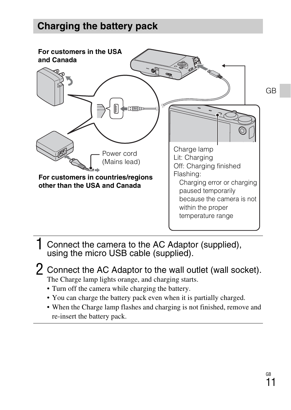 Charging the battery pack | Sony DSC-WX300 User Manual | Page 11 / 68