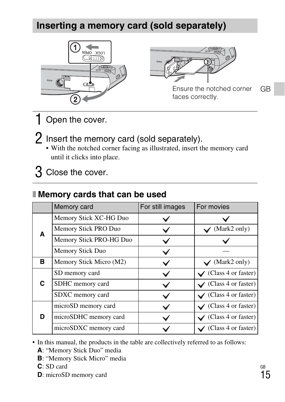 Inserting a memory card (sold separately), Open the cover, Close the cover | Sony DSC-WX300 User Manual | Page 15 / 68