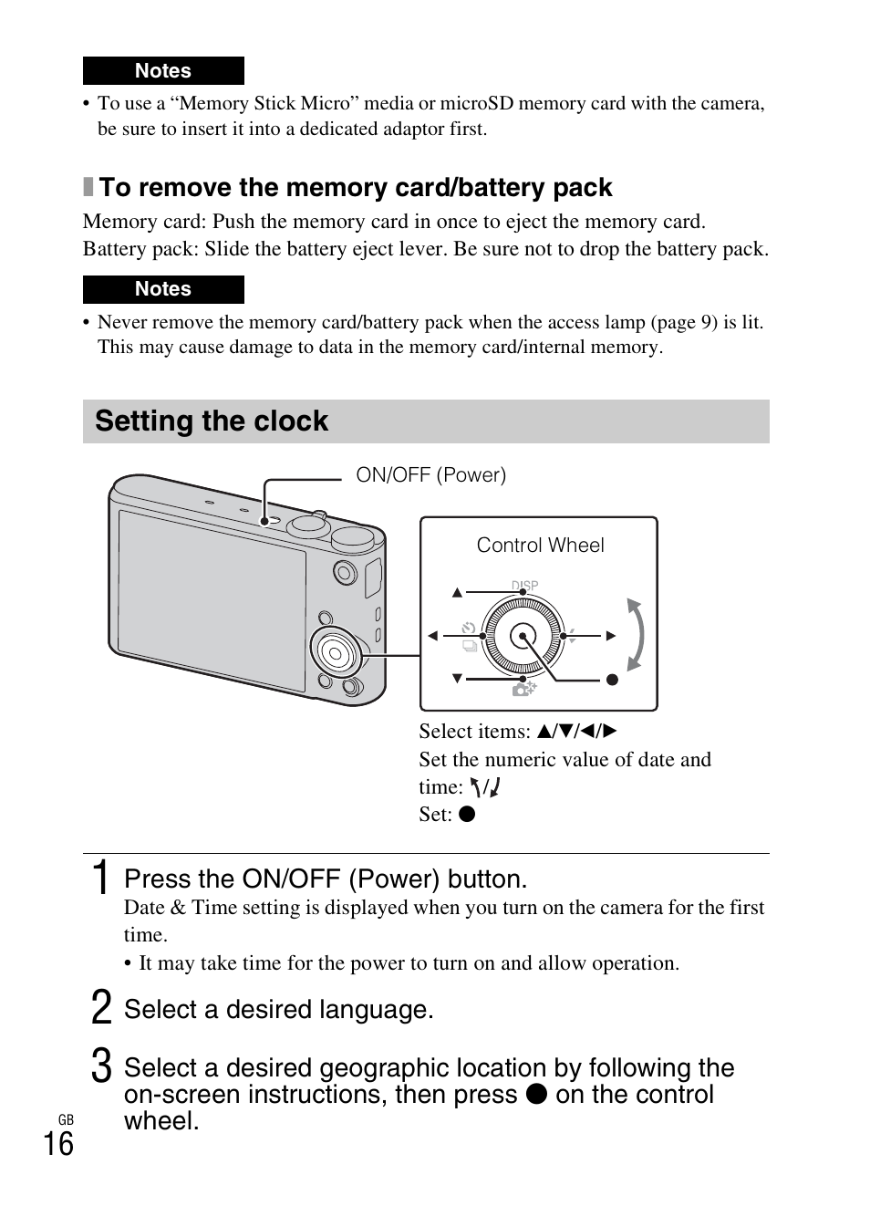 Setting the clock | Sony DSC-WX300 User Manual | Page 16 / 68