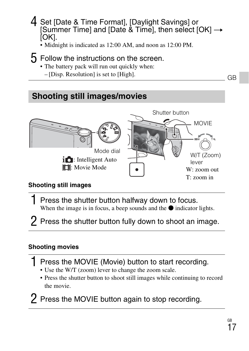 Shooting still images/movies | Sony DSC-WX300 User Manual | Page 17 / 68