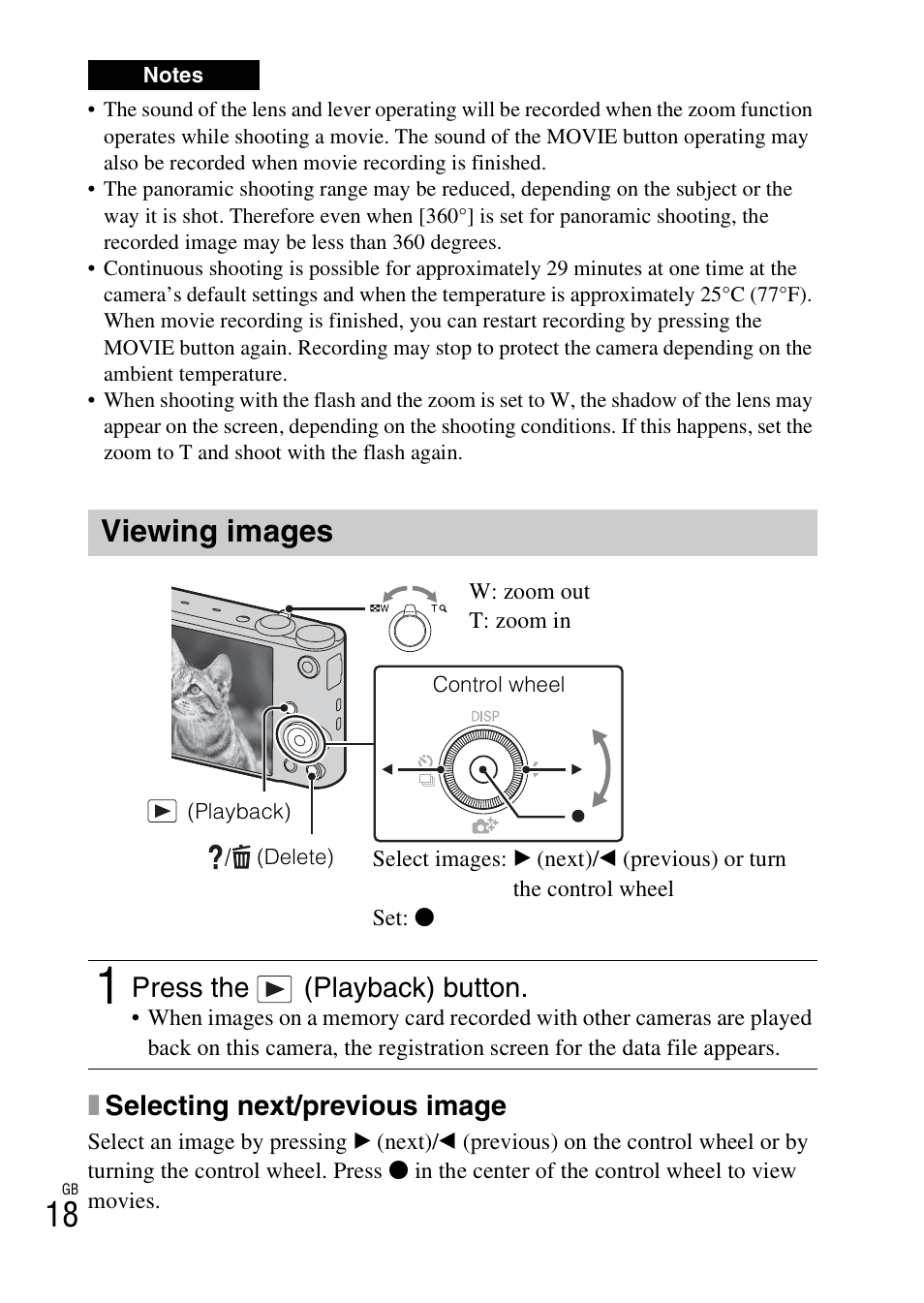 Viewing images, Xselecting next/previous image, Press the (playback) button | Sony DSC-WX300 User Manual | Page 18 / 68