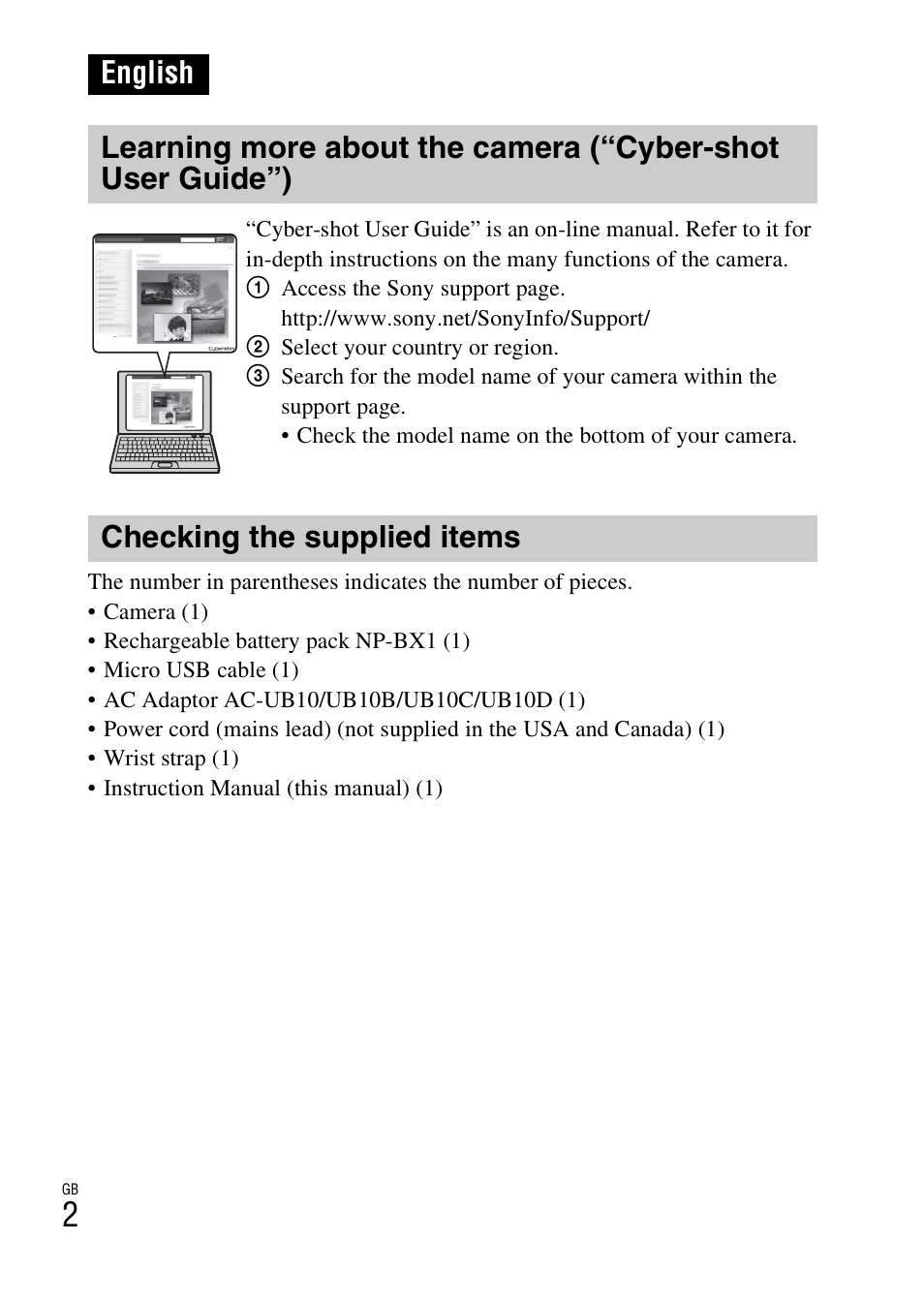 English, Checking the supplied items | Sony DSC-WX300 User Manual | Page 2 / 68