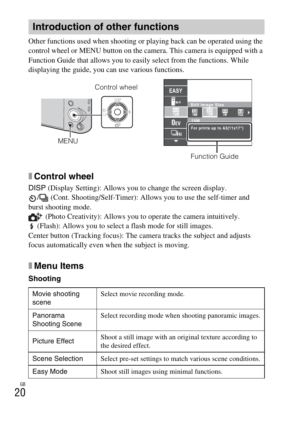 Introduction of other functions, Xcontrol wheel, Xmenu items | Sony DSC-WX300 User Manual | Page 20 / 68