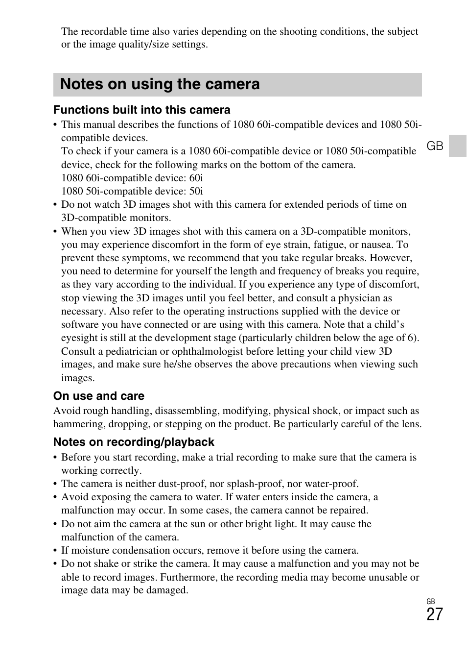 Notes on using the camera | Sony DSC-WX300 User Manual | Page 27 / 68
