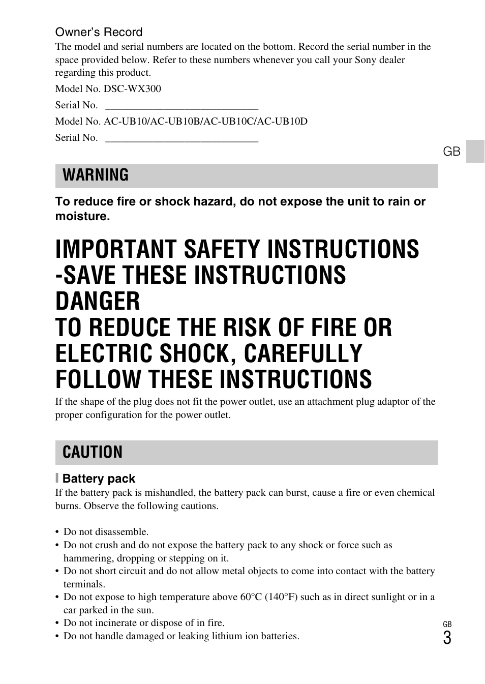 Warning caution | Sony DSC-WX300 User Manual | Page 3 / 68