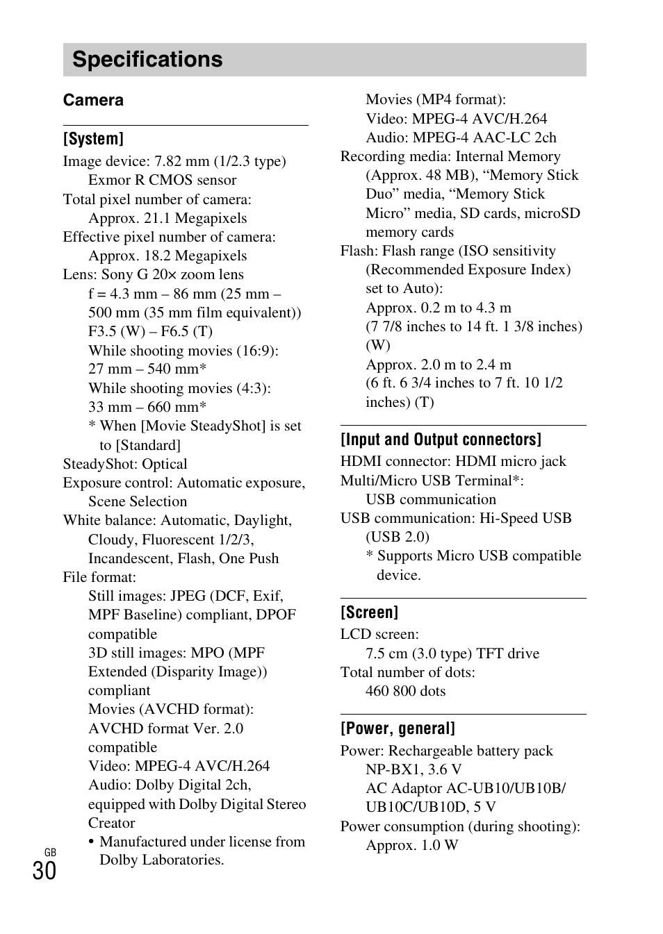 Specifications | Sony DSC-WX300 User Manual | Page 30 / 68
