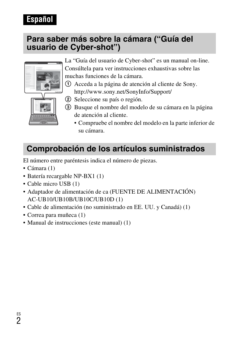 Español, Comprobación de los artículos suministrados | Sony DSC-WX300 User Manual | Page 34 / 68