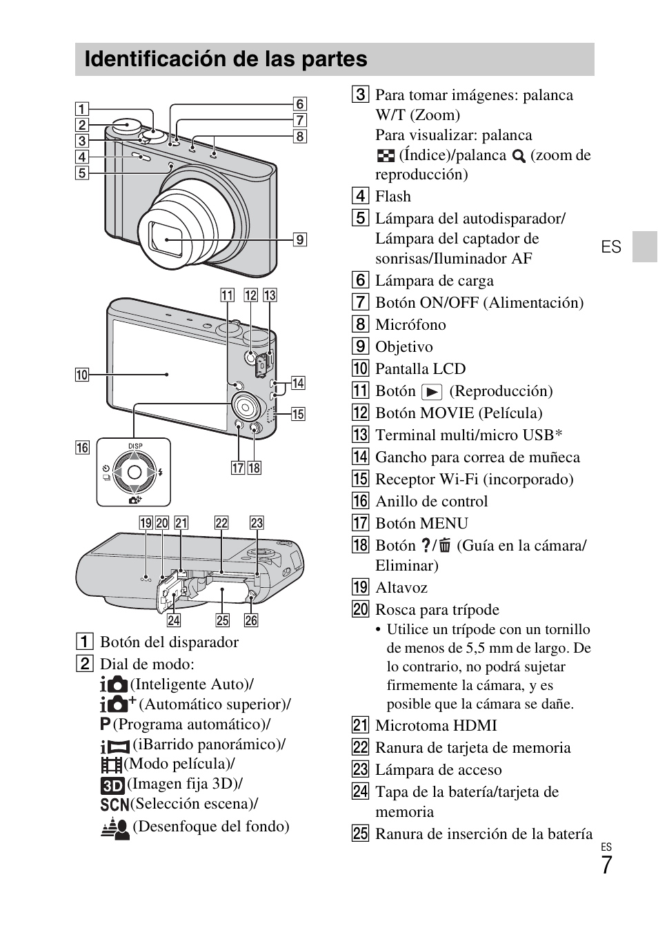 Identificación de las partes | Sony DSC-WX300 User Manual | Page 39 / 68