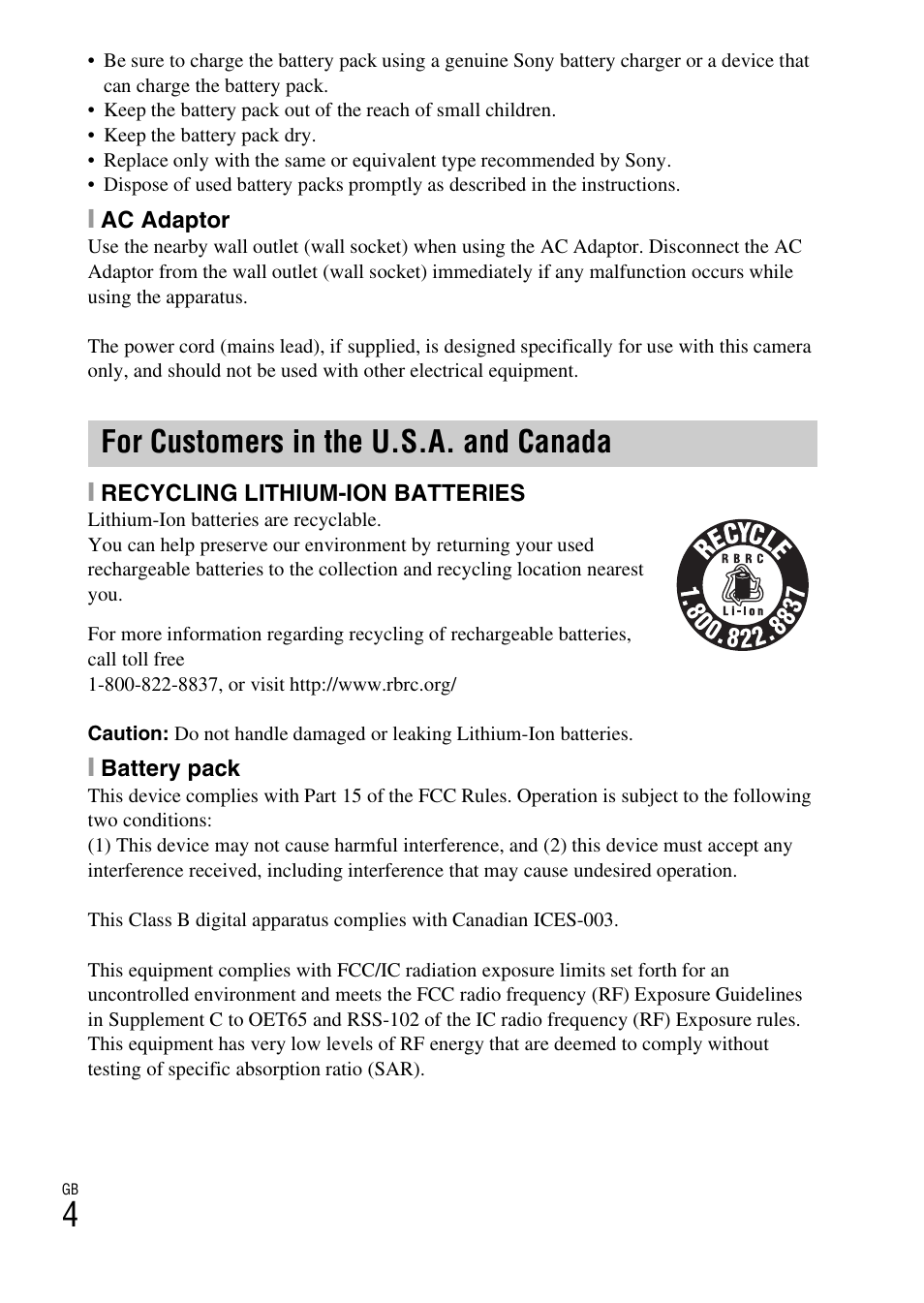 For customers in the u.s.a. and canada | Sony DSC-WX300 User Manual | Page 4 / 68