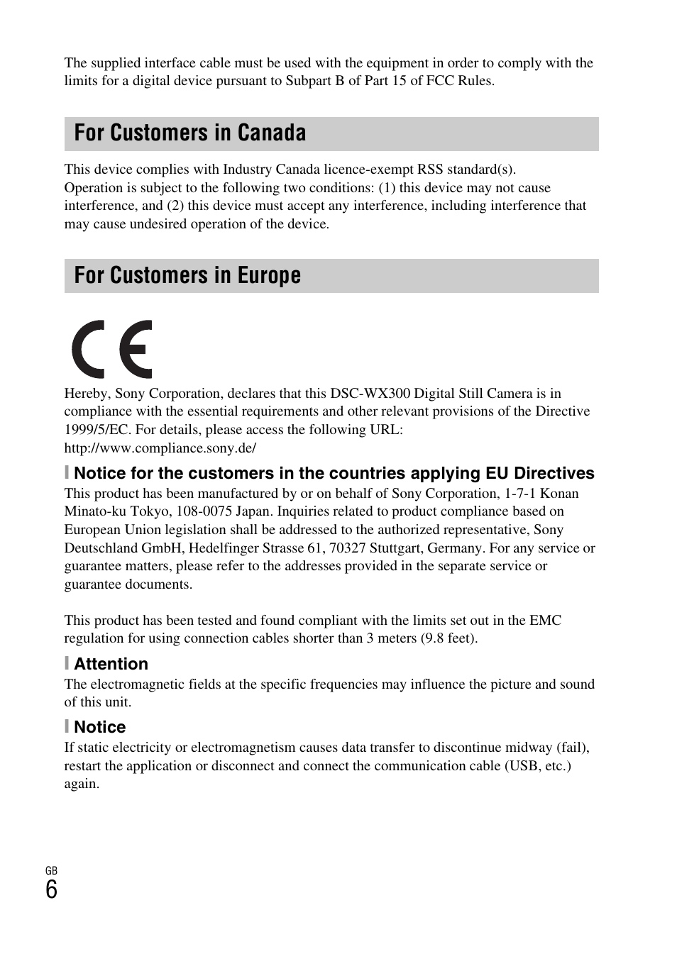 For customers in canada for customers in europe | Sony DSC-WX300 User Manual | Page 6 / 68