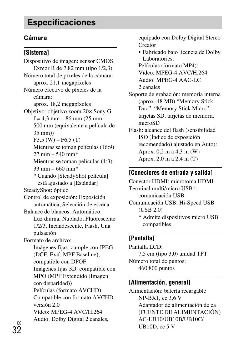 Especificaciones | Sony DSC-WX300 User Manual | Page 64 / 68