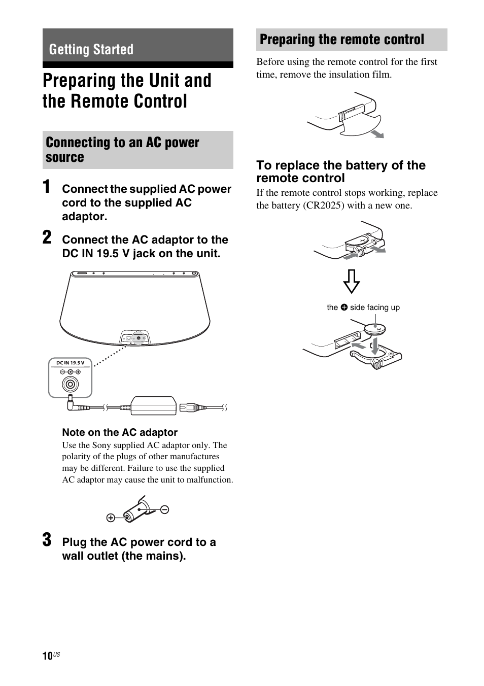 Getting started, Preparing the unit and the remote control, Connecting to an ac power source | Preparing the remote control, Preparing the unit and the remote, Preparing the unit and the remote control 1 | Sony RDP-XA700iPN User Manual | Page 14 / 100
