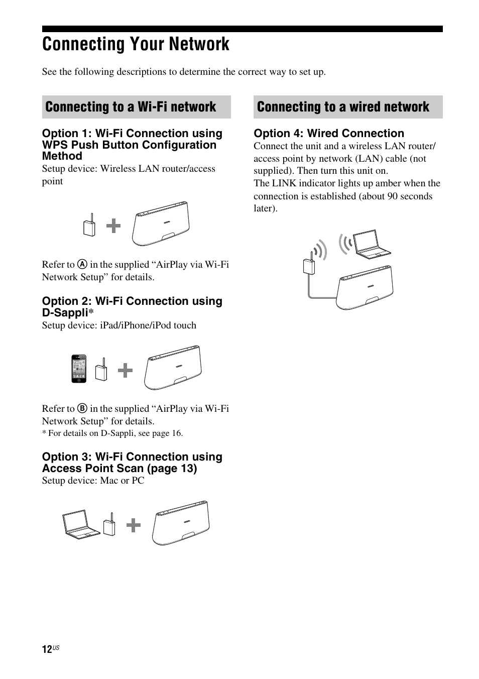 Connecting your network, Connecting to a wi-fi network, Connecting to a wired network | Sony RDP-XA700iPN User Manual | Page 16 / 100
