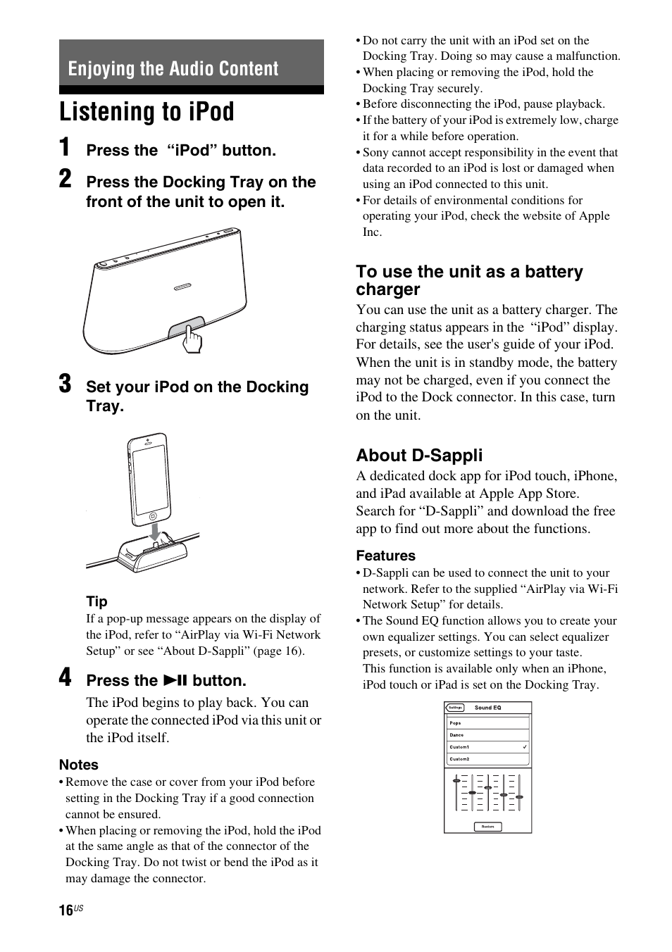 Enjoying the audio content, Listening to ipod, Listening to ipod 1 | Sony RDP-XA700iPN User Manual | Page 20 / 100
