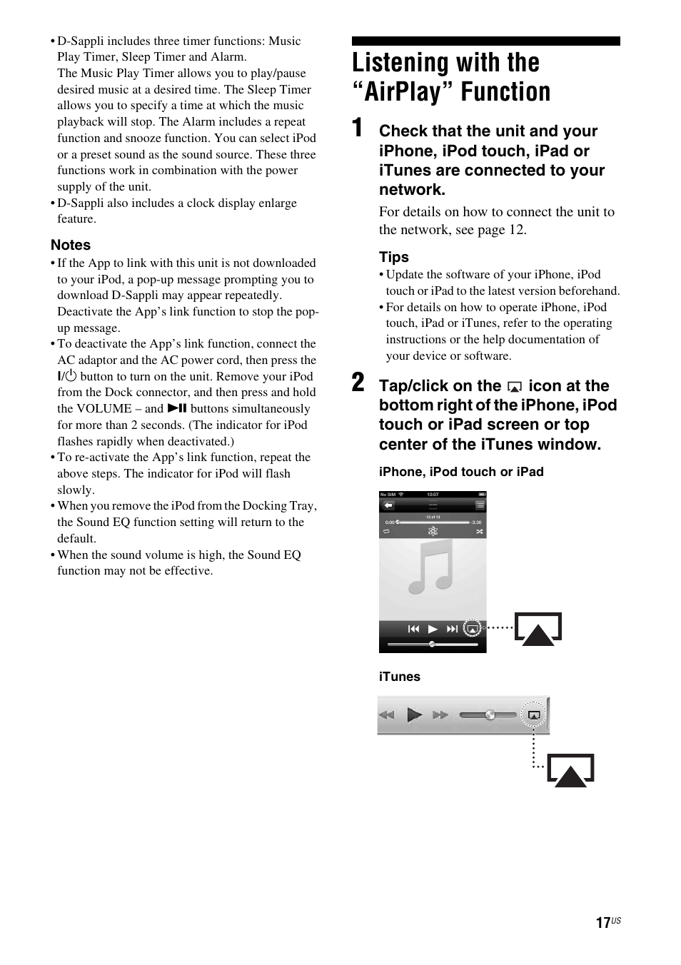 Listening with the “airplay” function, Listening with the “airplay” function 1 | Sony RDP-XA700iPN User Manual | Page 21 / 100