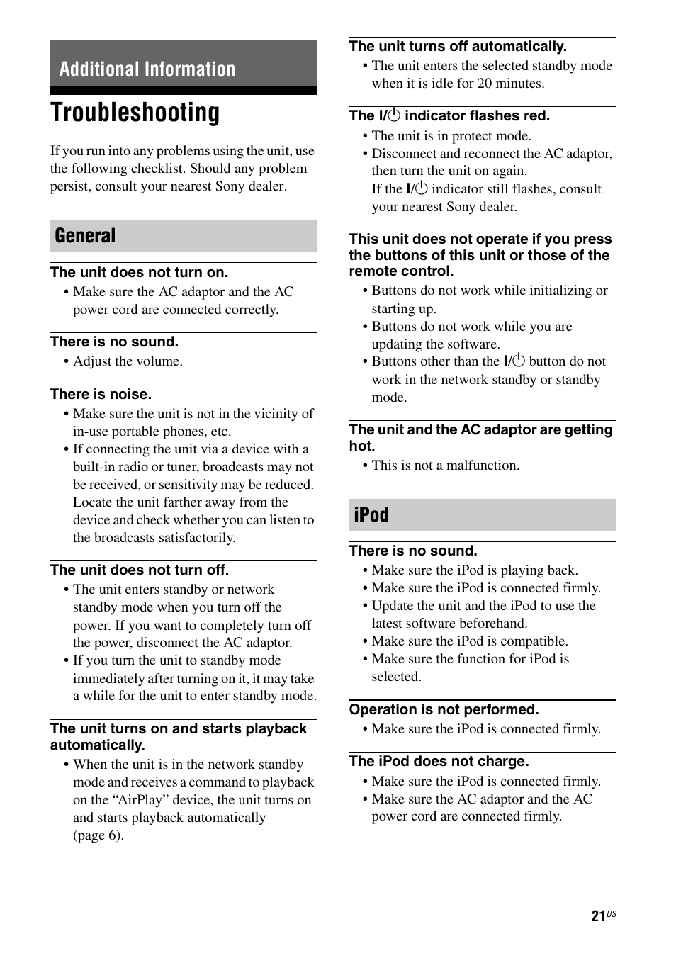 Additional information, Troubleshooting, Additional information general ipod | Sony RDP-XA700iPN User Manual | Page 25 / 100