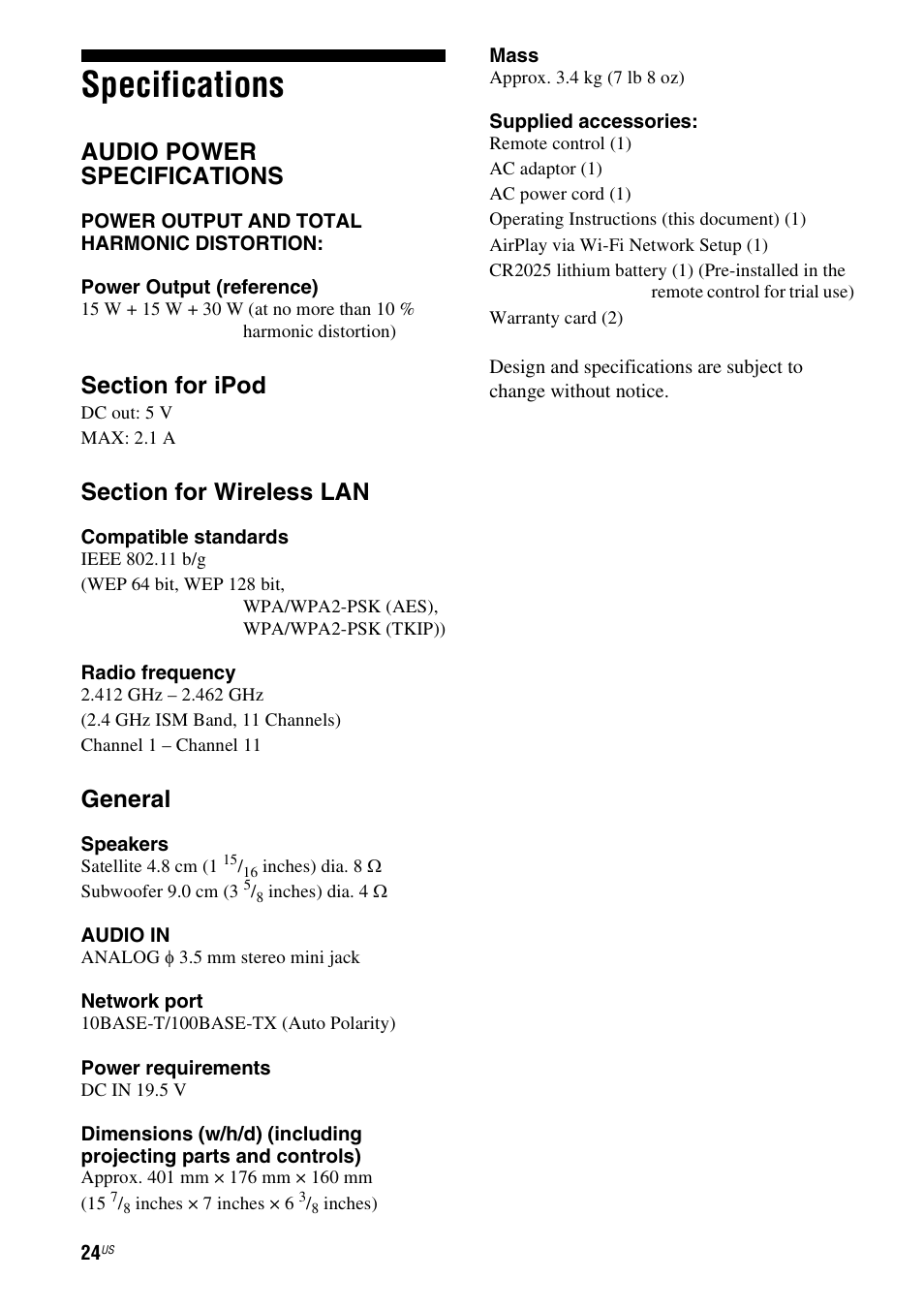 Specifications, Audio power specifications, General | Sony RDP-XA700iPN User Manual | Page 28 / 100