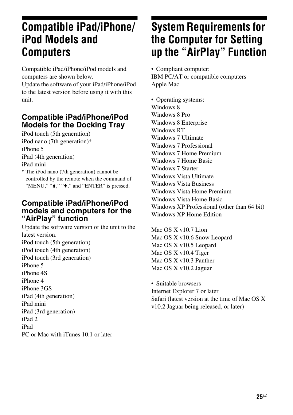 Compatible ipad/iphone/ipod models and computers, Compatible ipad/iphone/ipod models and, Computers | System requirements for the computer for, Setting up the “airplay” function, Compatible ipad/iphone/ ipod models and computers | Sony RDP-XA700iPN User Manual | Page 29 / 100
