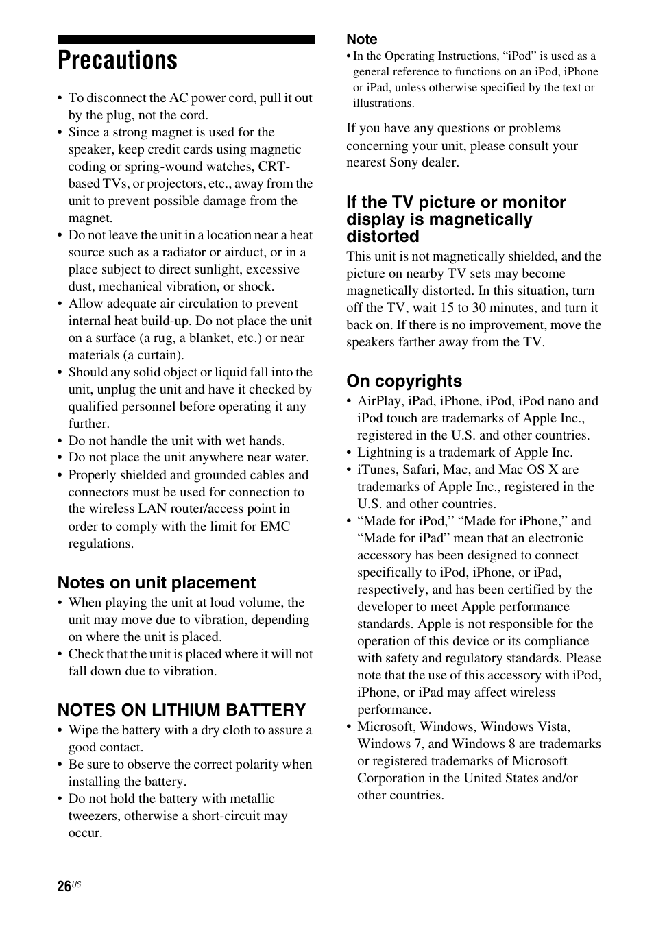Precautions, On copyrights | Sony RDP-XA700iPN User Manual | Page 30 / 100