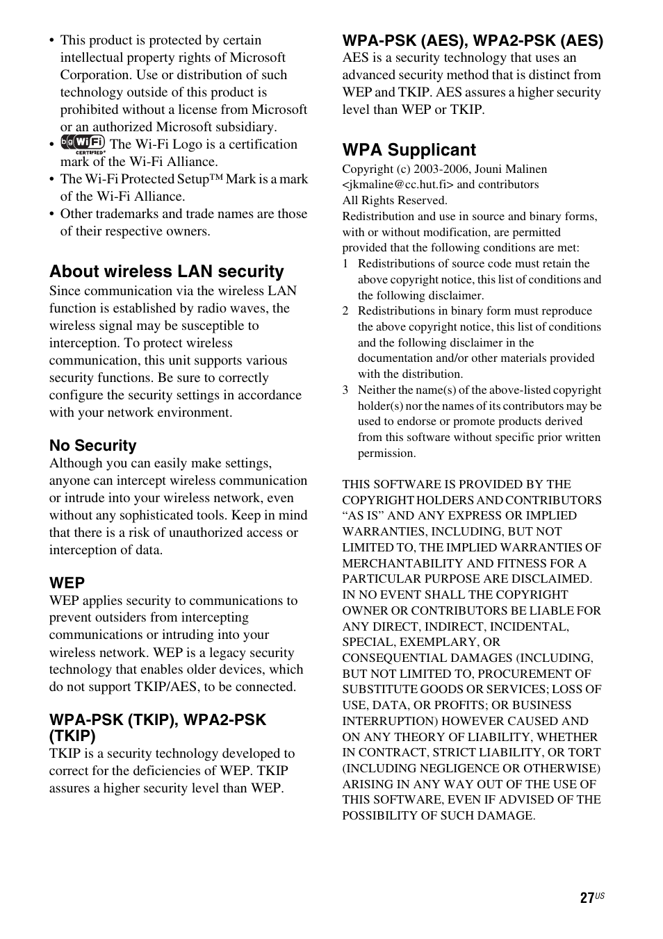 About wireless lan security, Wpa supplicant | Sony RDP-XA700iPN User Manual | Page 31 / 100